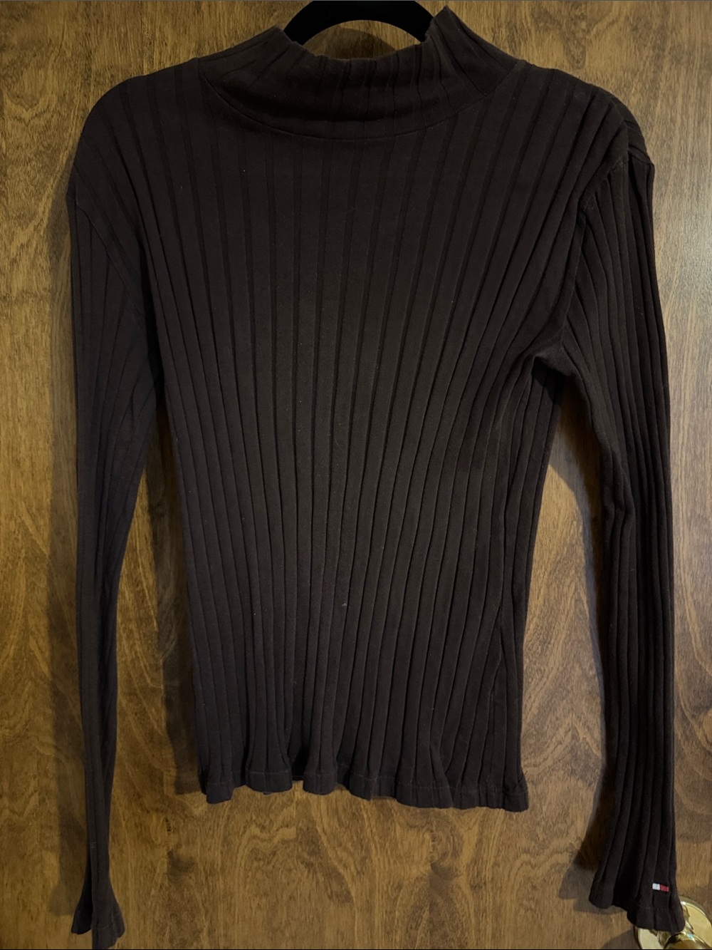 Brown Ribbed Tommy Hilfiger Long-Sleeve Mock Neck Top